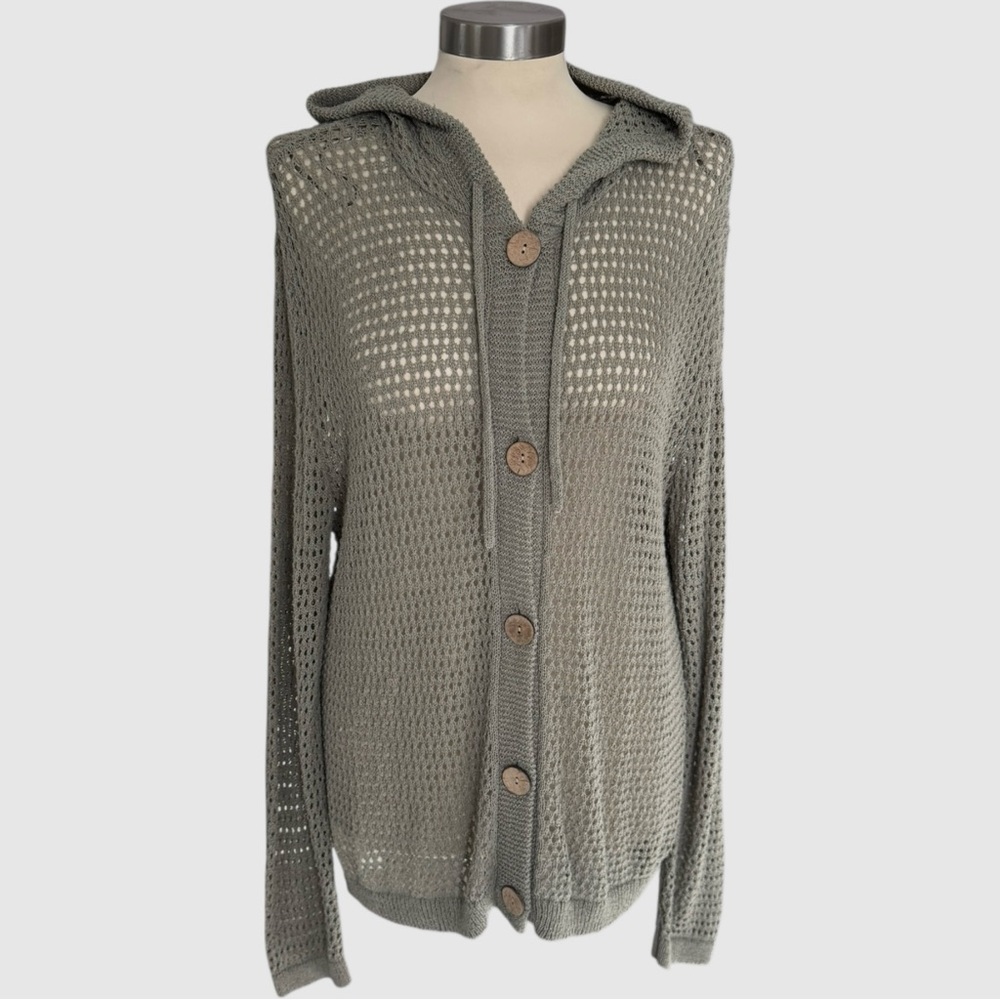 Charlie B Crochet Hooded Olive Button Up Cardigan Size large
